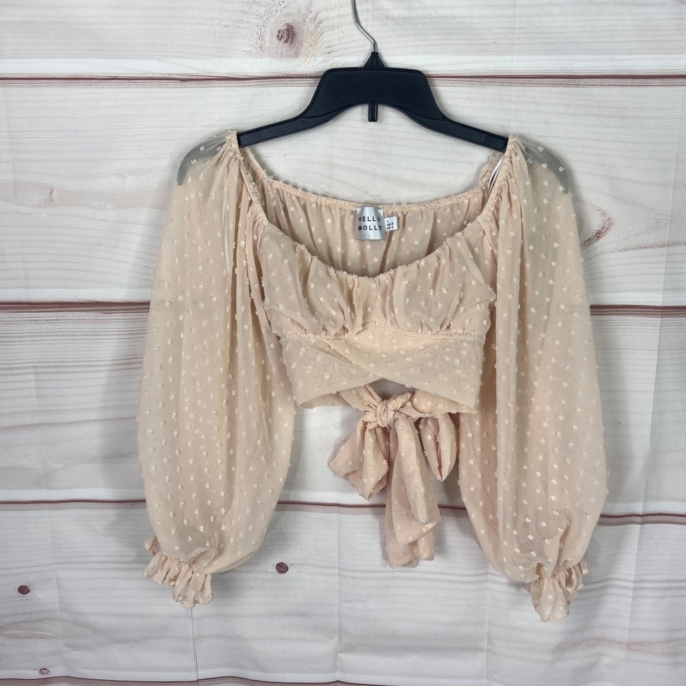 Hello Molly Top Womens US 4 Cream Chiffon Blouse Crop Swiss Dot Balloon Sleeve